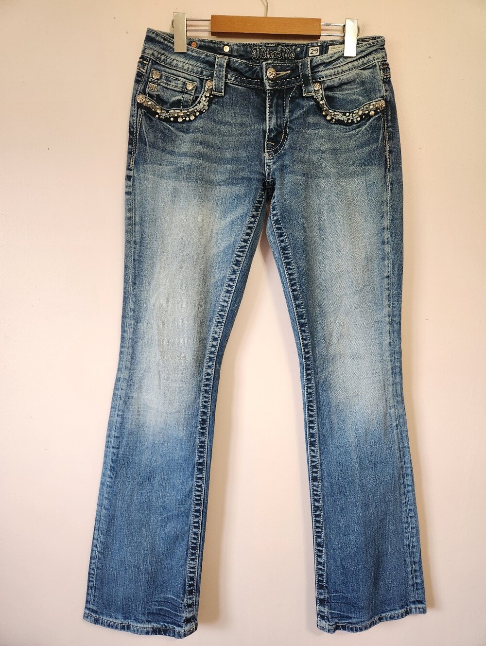 Miss Me Signature Bootcut Jeans Y2K Embellished Rhinestone Flap Pockets Size 29